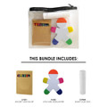 A clear pencil case containing a crayon set, a highlighter in the shape of a person, and a glue stick.