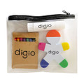 A transparent pencil case containing colourful crayons, a glue stick, and a shaped figure, all featuring a logo.
