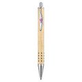 A natural wood pen featuring a silver metal tip and clip, with a decorative pattern along the barrel.