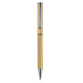 A bamboo pen with metallic accents, featuring a sleek design and a silver clip.
