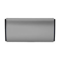 A silver car air freshener with a sleek design. It has a black accent and features a logo.