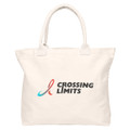 A white tote bag with sturdy handles featuring a logo on the front.