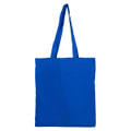 A blue tote bag with two handles and no gusset, featuring a simple design and a logo.