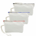 Three canvas cosmetic bags in white, each with a coloured zip (black, blue, and red) and a wrist strap.