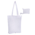 A white foldable calico tote bag with long handles, alongside a compact pouch for storage.
