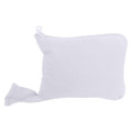 A white foldable calico bag with a zipper and a pouch for storage, featuring a logo on its surface.