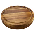 A wooden round cheeseboard featuring a smooth surface and a shallow groove along the edge, complete with a logo.
