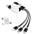 A retractable charging cable in black and white, featuring multiple connectors for different devices. Includes a logo.