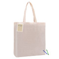 A calico tote bag in natural colour with gusset, featuring a logo and a few colourful markers.