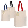 A set of three calico trade show bags in natural colour, featuring red, navy, and black straps. Each bag has a logo.