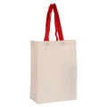 A calico trade show bag with red handles, featuring a simple design and a branding logo.
