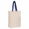 A cream-coloured trade show bag with navy blue handles and a plain design, featuring a logo on one side.