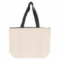 A cream-coloured tote bag with black handles and a zip closure, featuring a logo on the front.