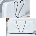 A white car sun visor tissue box with a black elastic holder, featuring a simple design and a logo.