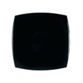 A compact mirror in a sleek black square design, featuring a smooth surface and a logo.