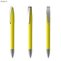 A yellow plastic pen with a silver clip, displayed from three angles. Branding is visible on the pen.