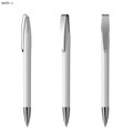 A white plastic pen featuring a silver clip and tip, showcasing multiple angles of the design.