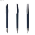 A blue plastic pen with a shiny silver clip, displayed from three angles. It features a sleek design and has a logo.