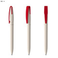 A pen featuring a cream body with a red clip, displayed from multiple angles. It has branding visible.