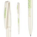A biodegradable pen in white with green accents, featuring a streamlined design and a clip on the cap.