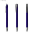 A dark blue plastic pen with a shiny silver clip, displayed from three angles. It has a sleek, streamlined design.