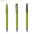 A light green plastic pen with a silver clip, shown from three different angles. The pen has a sleek, transparent design.
