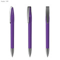 A plastic pen in purple with a silver clip, featuring three angles to showcase its design.