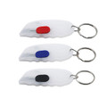 A keyring featuring a mini cutter available in three colours: red, blue, and black, with a metal keyring attachment.
