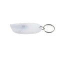 A transparent mini cutter key ring with a silver metal keyring attachment.