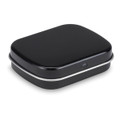 A rectangular black mint tin with a silver trim, featuring a rounded edge design and a hinged lid.