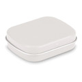 A rectangular mint tin in a sleek white finish with rounded edges. The tin has a lid and features branding.