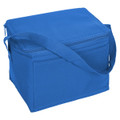 A blue nylon cooler bag with a zip closure and a shoulder strap, featuring a front pocket and a branding logo.