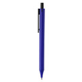 A plastic pen in vibrant blue with a black clip and tip, featuring a simple design and a logo on the body.
