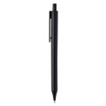 A black plastic pen with a clip, featuring a sleek and minimalist design. It has a logo on the barrel.