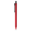 A plastic pen in vibrant red with a black clip and a smooth design, featuring a logo on the side.