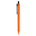 An orange plastic pen with a black clip, featuring a sleek design and a logo.