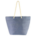 A blue Kraft paper bag with cream rope handles and a simple design, featuring a logo.
