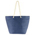 A navy blue tote bag with cream rope handles and a textured finish. It features a simple design with no visible branding.