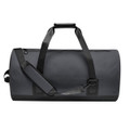 A waterproof duffel bag in dark grey with sturdy handles and adjustable shoulder strap, featuring a logo.