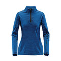 A blue women's base thermal 1/4 zip jumper with long sleeves and a zip at the collar, featuring a logo.