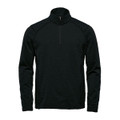 A black 1/4 zip pullover with raglan sleeves and a front zipper, featuring a brand logo.