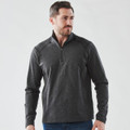 A men's dark grey 1/4 zip pullover jumper with a logo, featuring long sleeves and a collar.