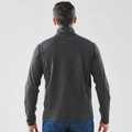 A men's quarter-zip pullover in dark grey, featuring a high collar and long sleeves, with a logo on the back.