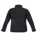A black softshell women's jacket featuring a high collar and long sleeves, with a logo on the back.