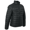A dark green puffer jacket with a zip front and ribbed collar. It has a logo on the sleeve.