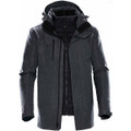 A men's jacket in dark grey with a hood, featuring multiple zippered pockets and a sleek design.