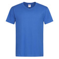 A blue men's classic V-neck T-shirt, featuring a simple design and a logo on the label.