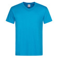 A blue men’s classic V-neck T-shirt with short sleeves and a label inside. It features a logo on the tag.