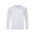 A white long sleeve t-shirt with a crew neck and a logo tag on the collar.