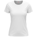 A white women's classic t-shirt with short sleeves and a round neckline, featuring a logo.